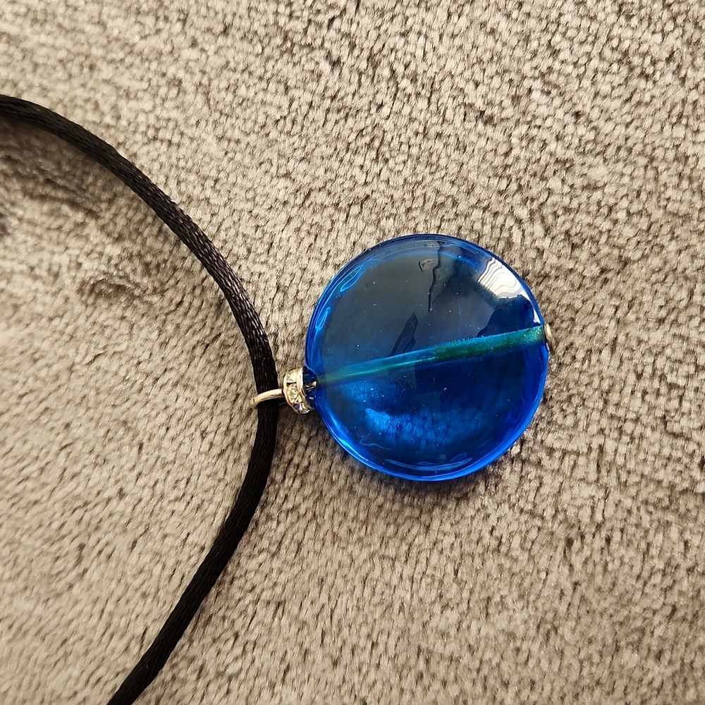 Blue Glass Oval w 8" Drop Black Chord, Extension, Made in Itlay w5 Rhinestones - Picture 2 of 6